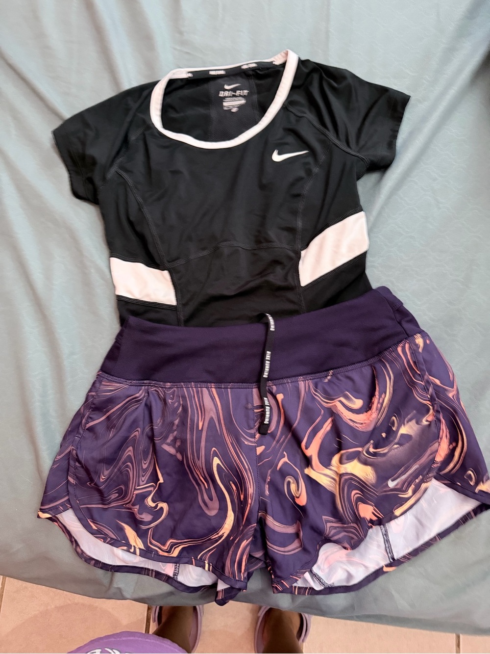 Nike Women's Black & Purple Marble-Print Athletic Shorts Set
